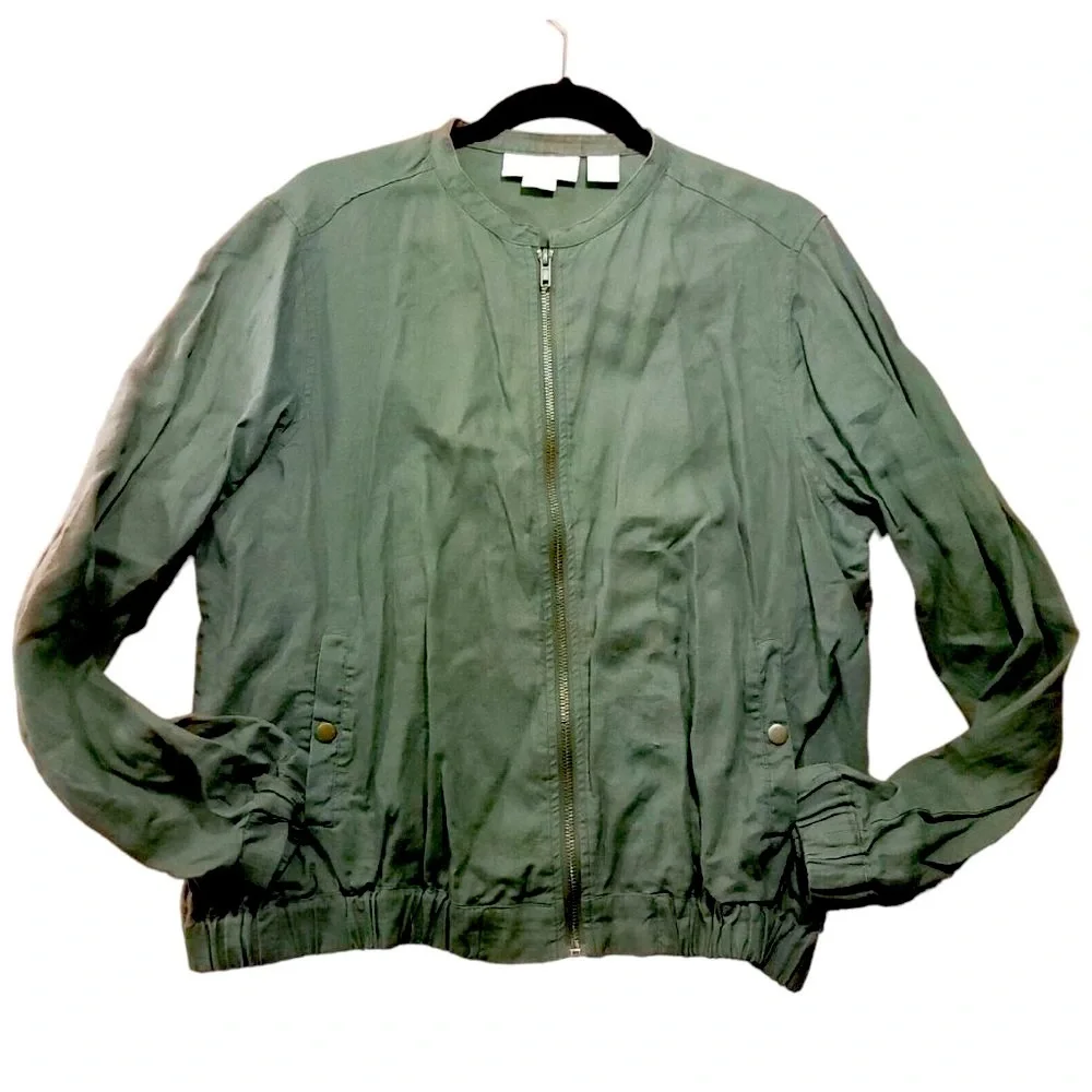 CYNTHIA ROWLEY LINEN Army Green Khaki Bomber Jacket Full Zip Long Sleeves Large